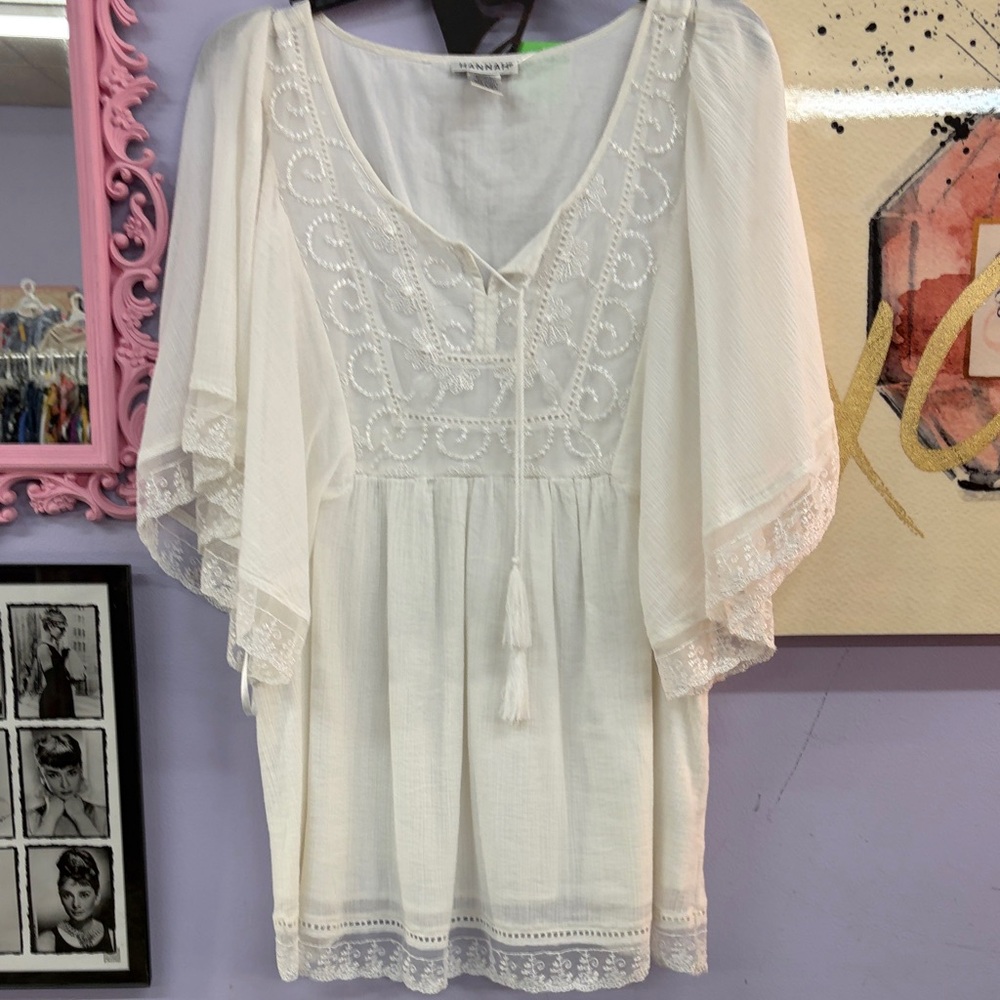 Hannah White Boho Tunic with Embroidered Yoke and Tassels